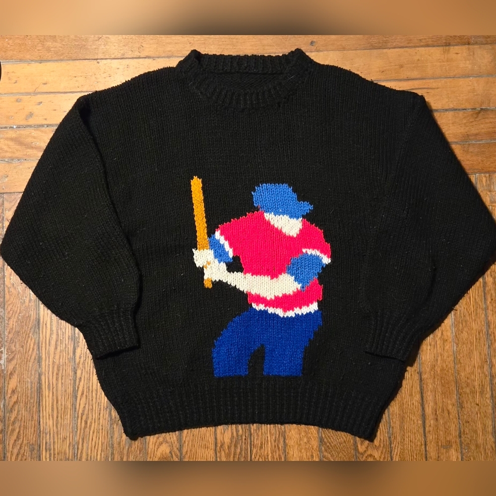 VTG Hand Knit Wool Baseball Sweater XL